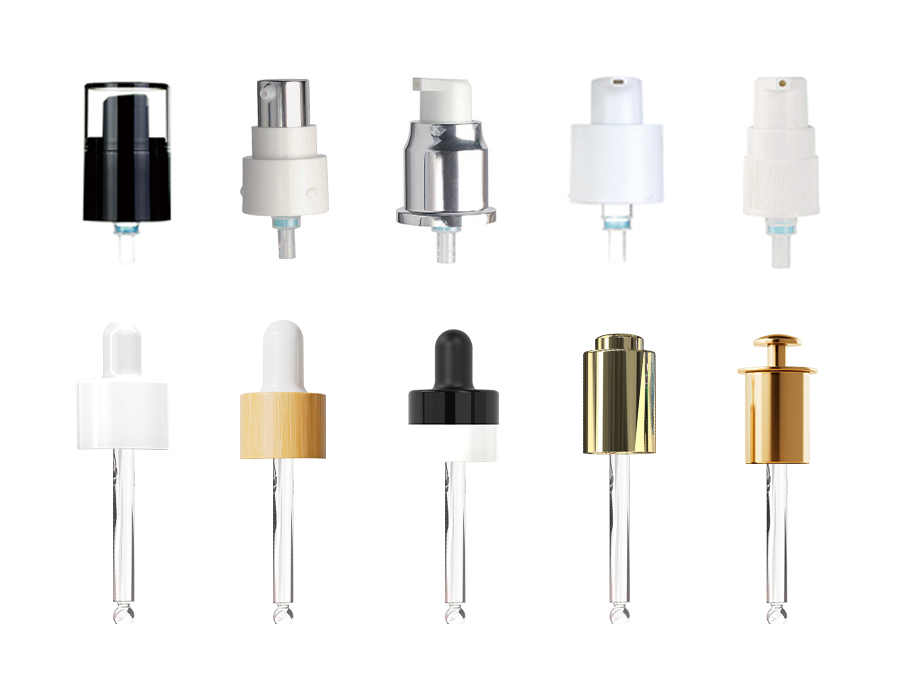 Cosmetic bottle closure options including lotion pumps and dropper caps in black, white, bamboo, gold and silver finishes for child-resistant cosmetic packaging