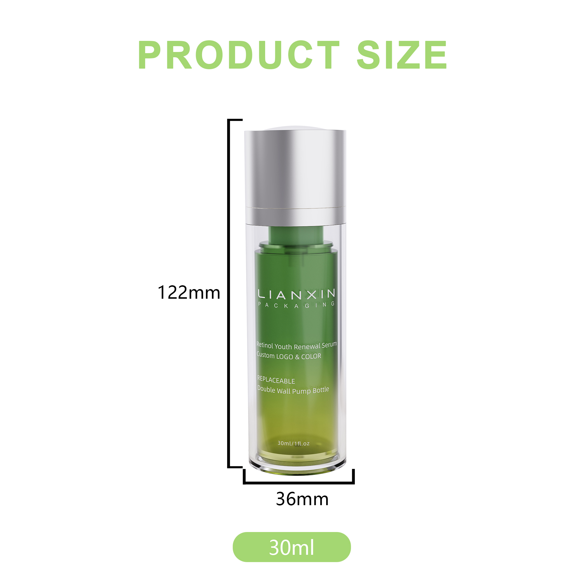 30ml lotion airless pump bottle size