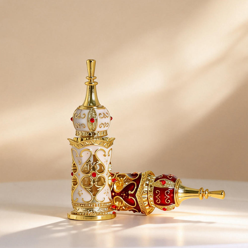 white 3ml Ornate Metal Glass Perfume Bottle with Dip Rod for Attar Oud Oil