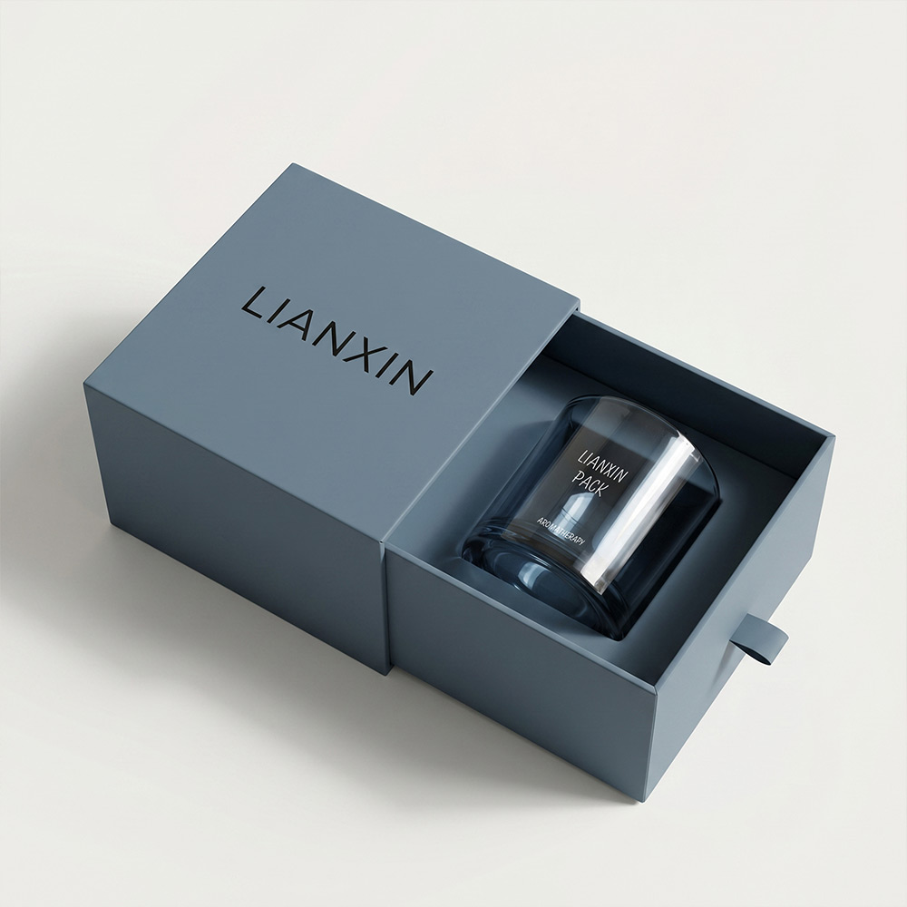 Minimalist candle packaging box with blue vessel