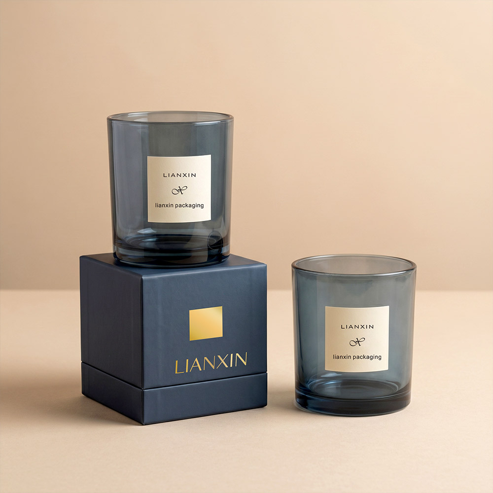 luxury 315ml smoky blue glass candle jar with custom gift box