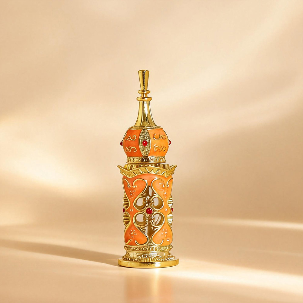 yellow 3ml Ornate Metal Glass Perfume Bottle with Dip Rod for Attar Oud Oil
