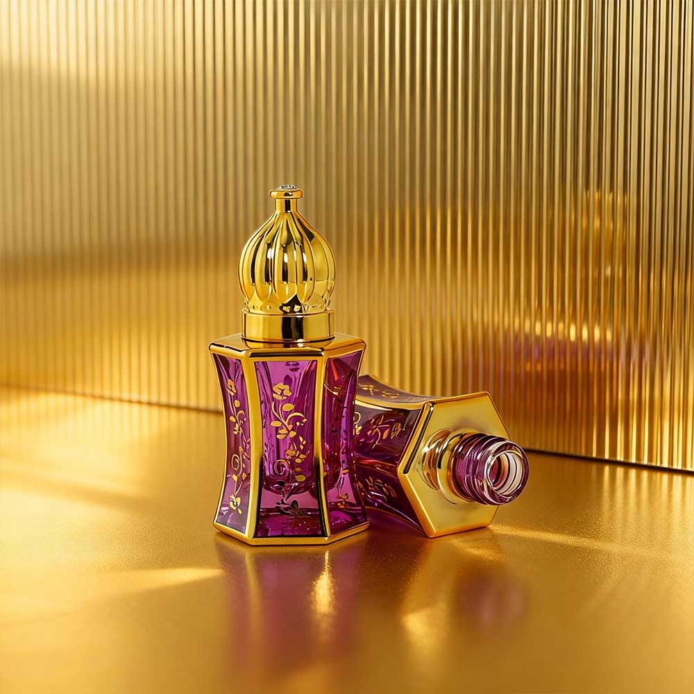 purple 8ml ornate purple glass perfume roller bottle with gold floral pattern and crown cap