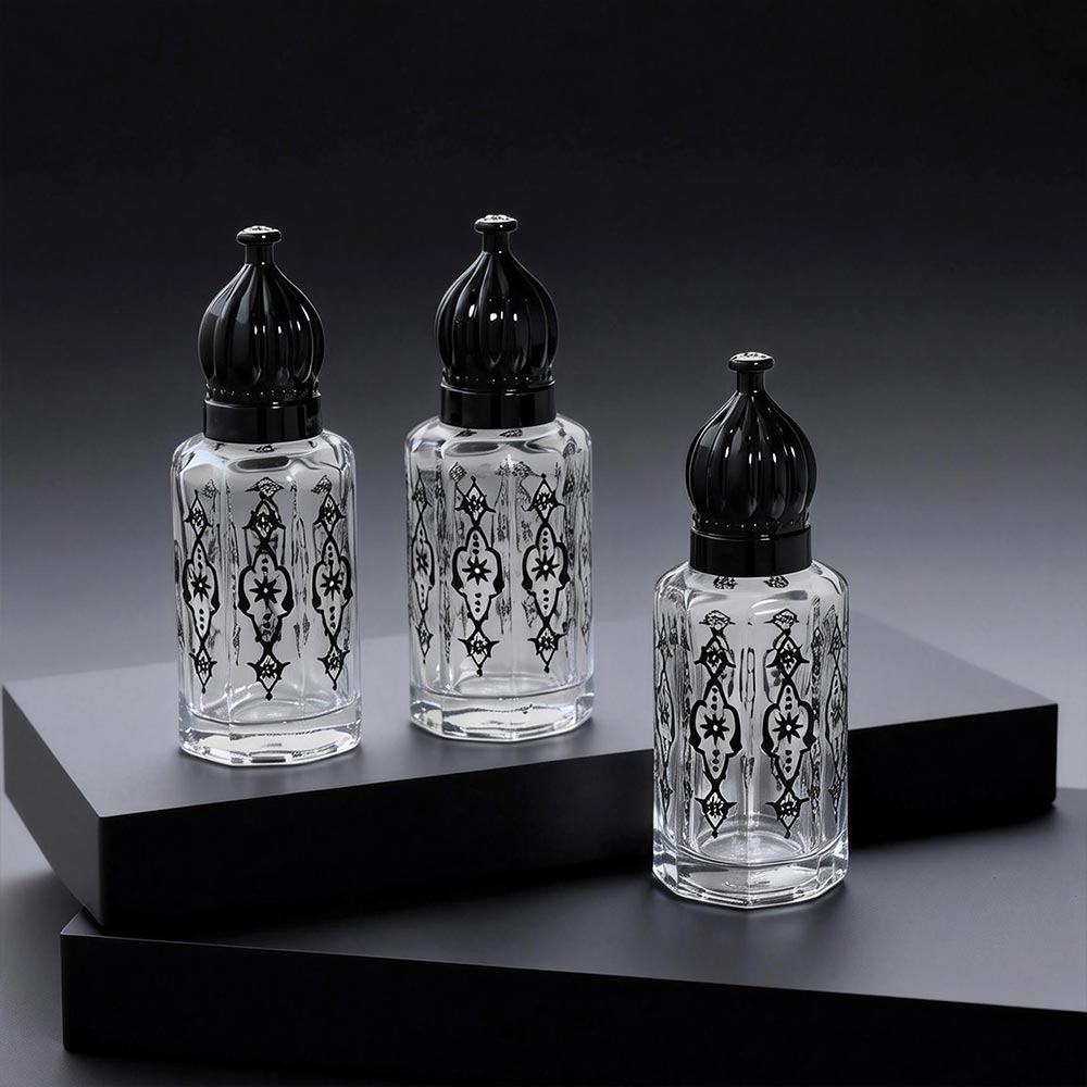 black 12ml refillable attar bottles with metal roller ball