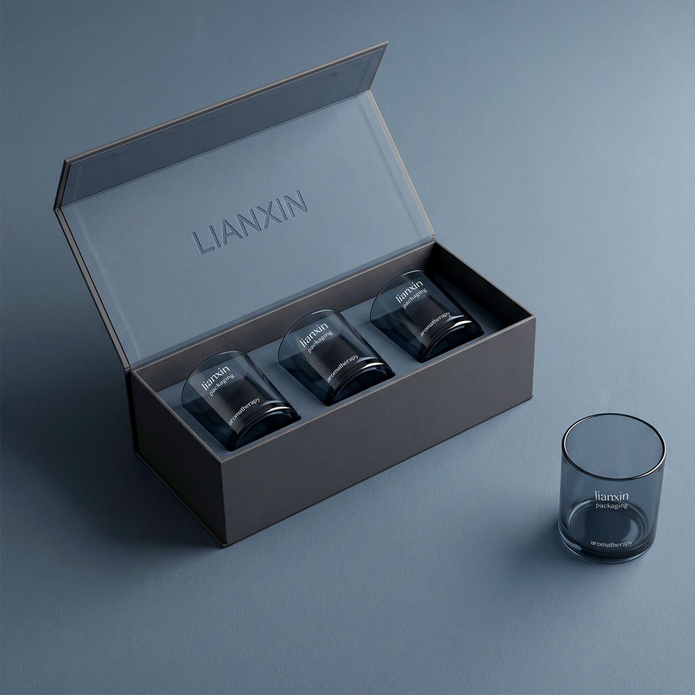 blue glass candle jar with custom box