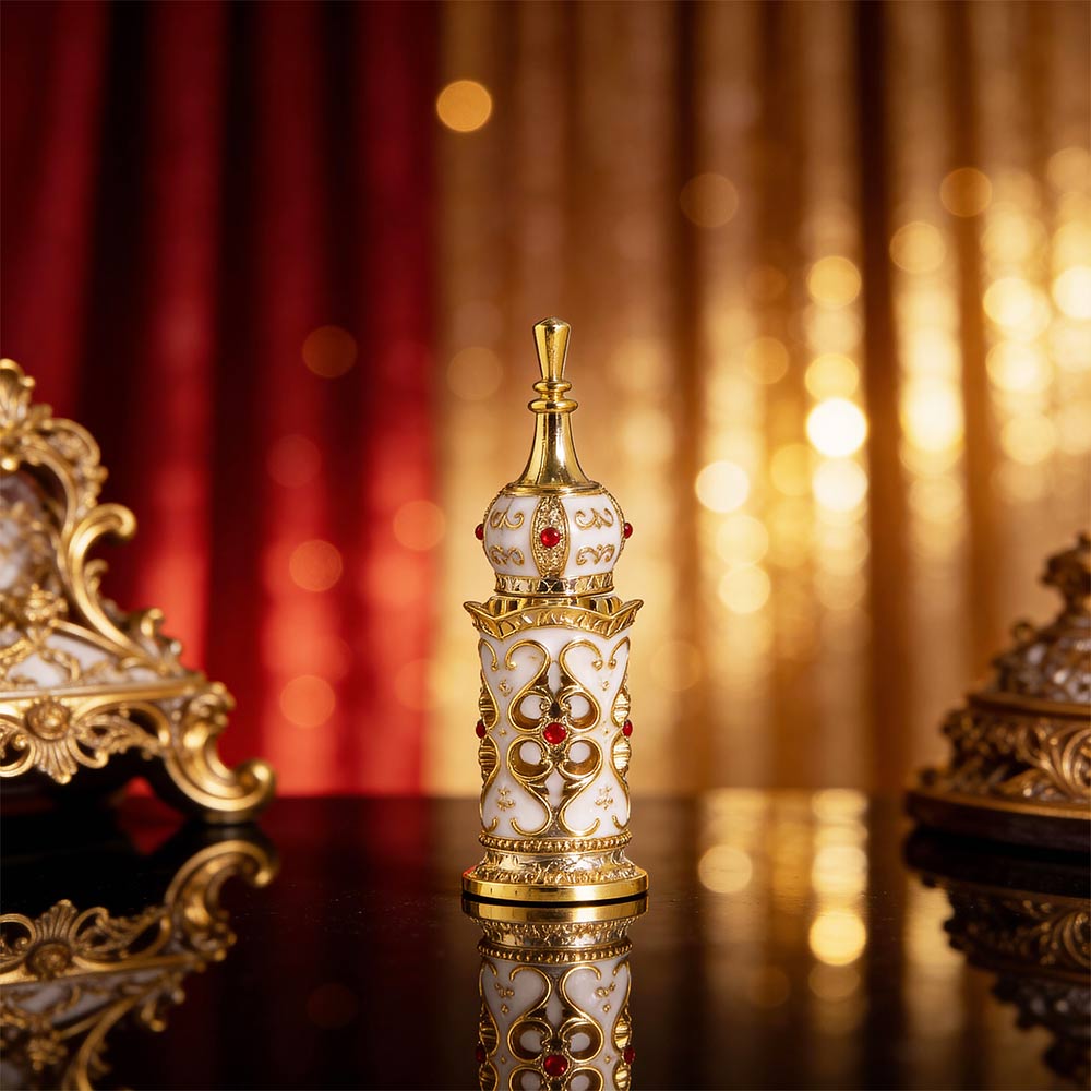 empty 3ml Ornate Metal Glass Perfume Bottle with Dip Rod for Attar Oud Oil