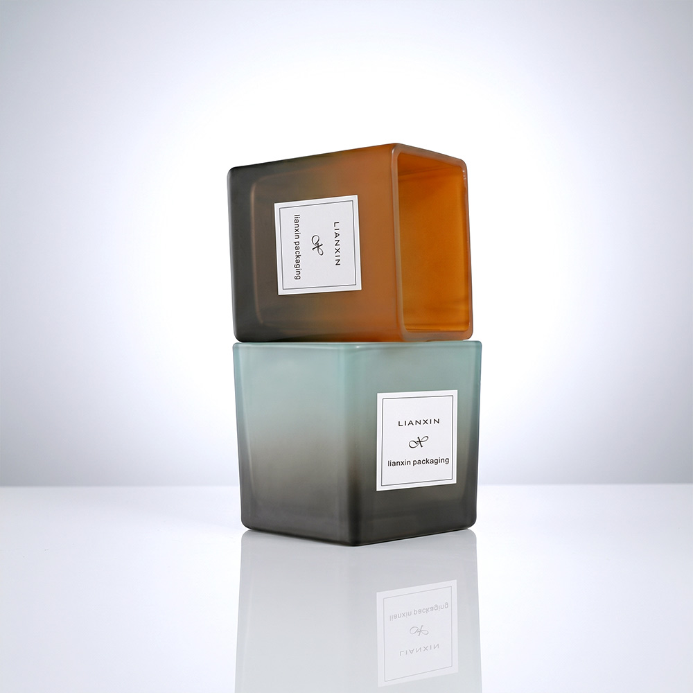 Gradient Amber and Teal Square Glass Candle Jars