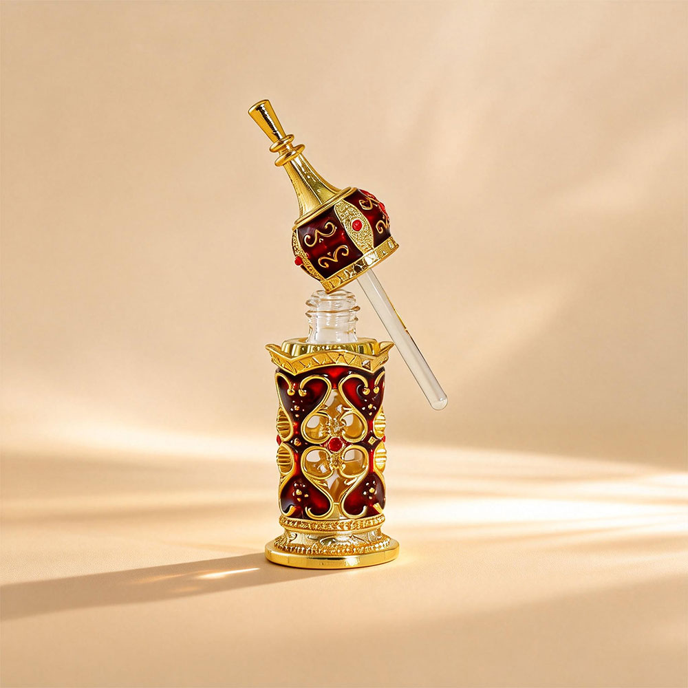 red 3ml Ornate Metal Glass Perfume Bottle with Dip Rod for Attar Oud Oil