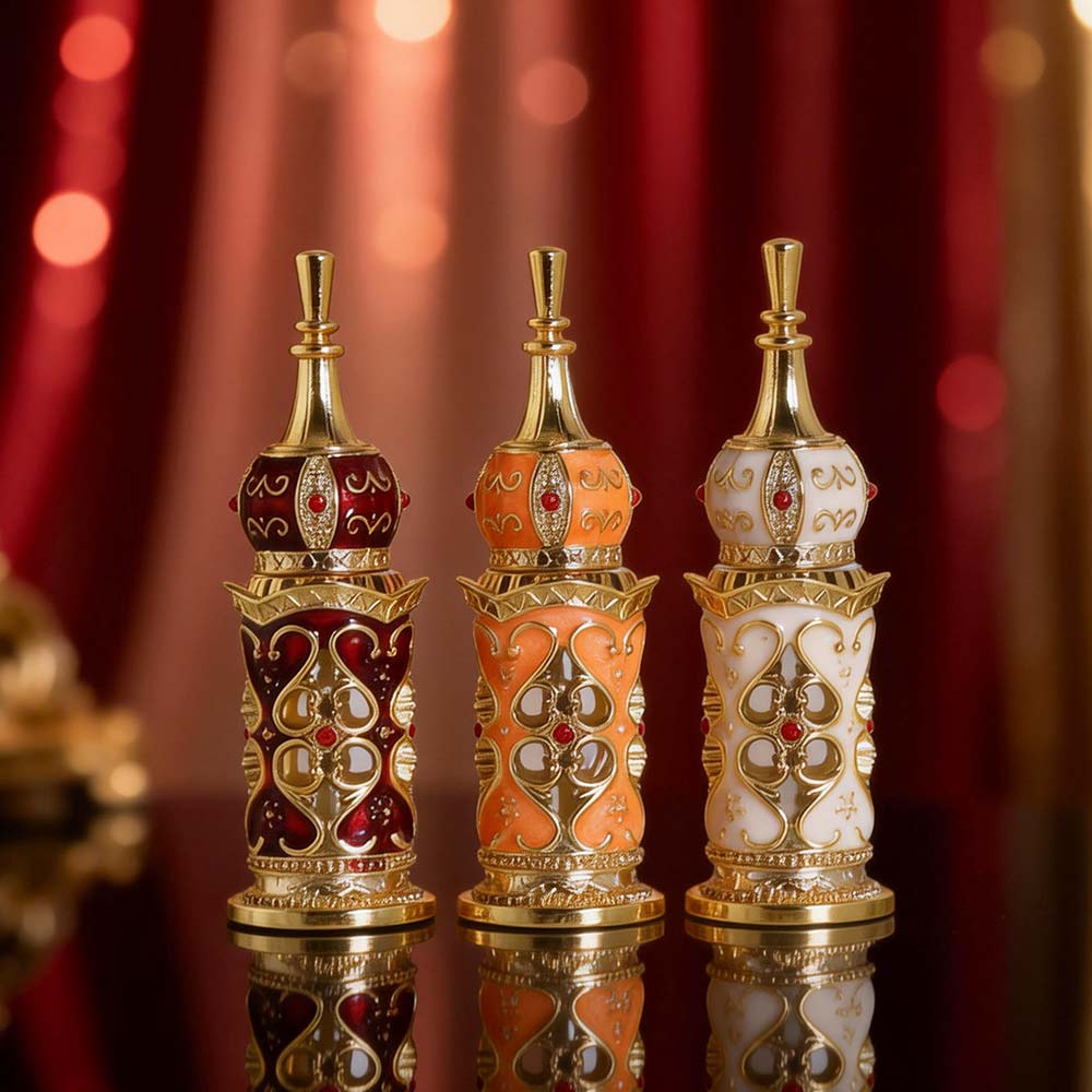 3ml Ornate Metal Glass Perfume Bottle with Dip Rod for Attar Oud Oil