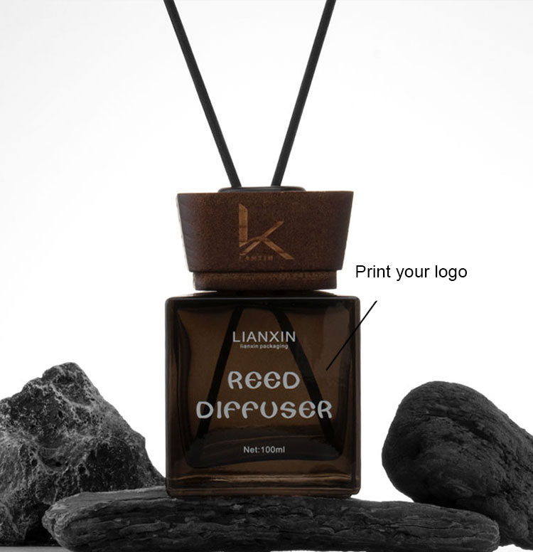 square amber glass reed diffuser bottle with wooden lid custom