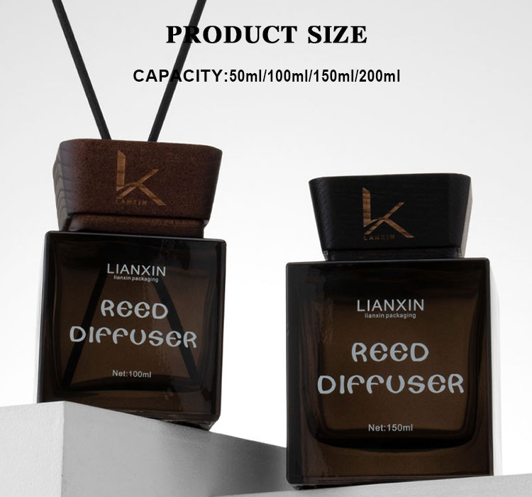 square amber glass reed diffuser bottle with wooden lid size