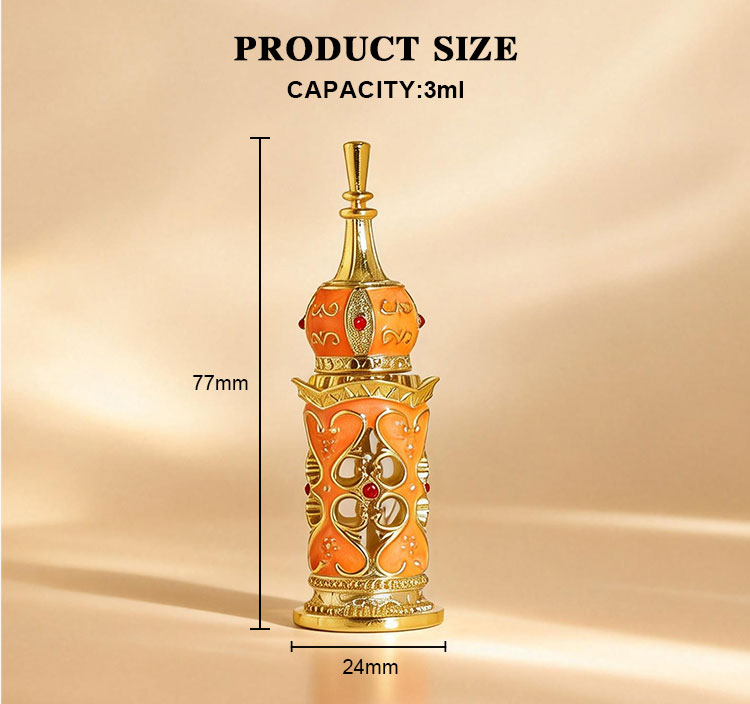3ml Ornate Metal Glass Perfume Bottle with Dip Rod for Attar Oud Oil Size