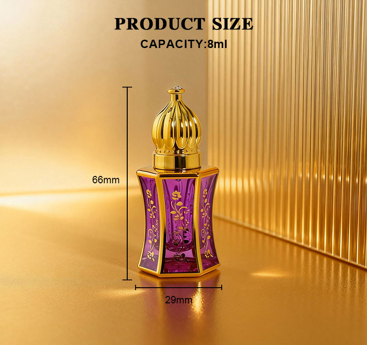 8ml ornate purple glass perfume roller bottle with gold floral pattern and crown cap size