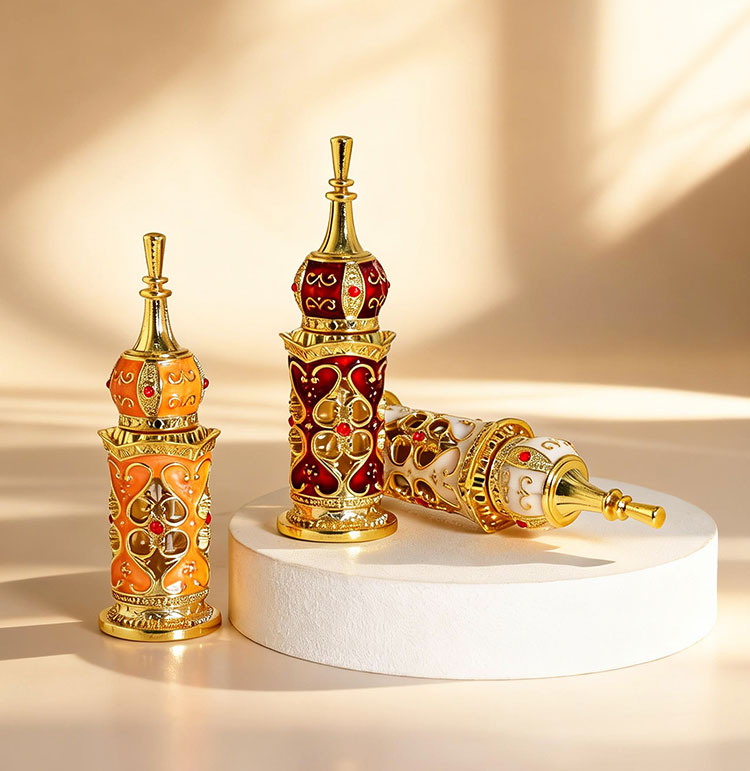3ml Ornate Metal Glass Perfume Bottle with Dip Rod for Attar Oud Oil Caps