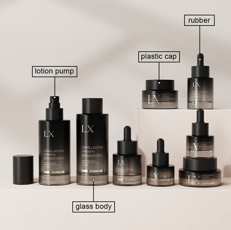 matte black glass skincare bottle set details