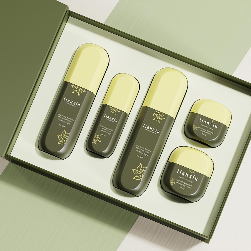 Luxury olive green glass cosmetic bottle and cream jar gift set packaging