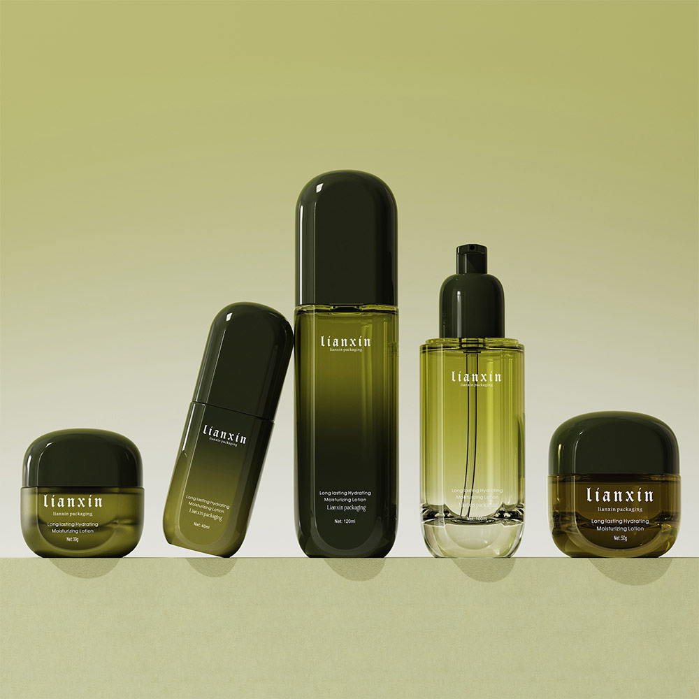 Gradient green glass skincare bottles and cream jars for cosmetic packaging