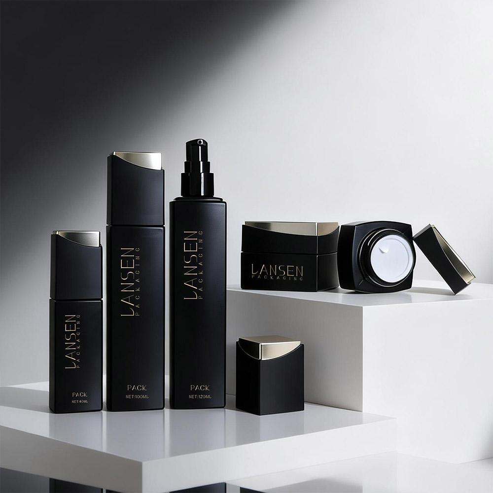 Luxury black square glass cosmetic bottle and cream jar packaging set with gold cap