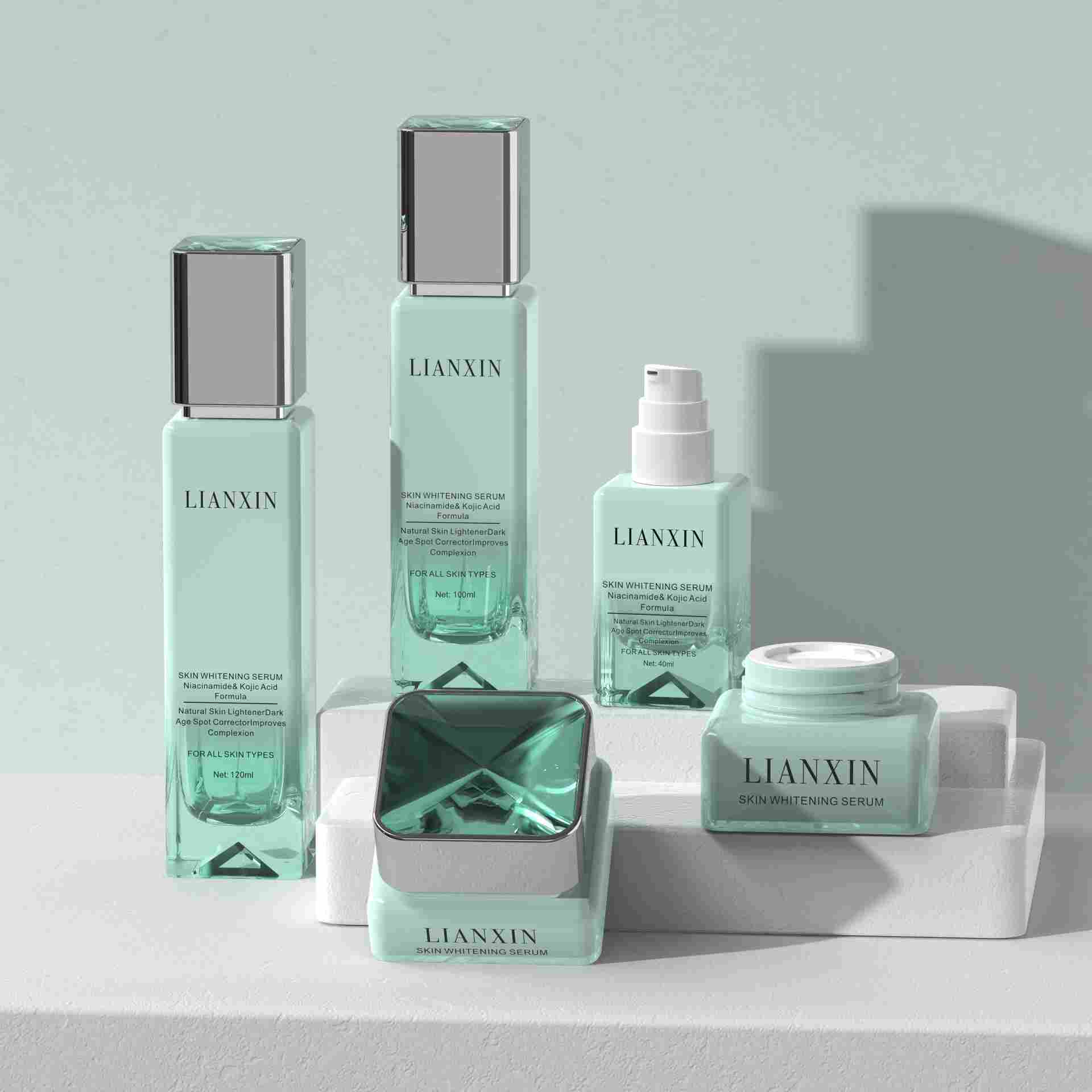 Elegant ivory and green glass skincare packaging set