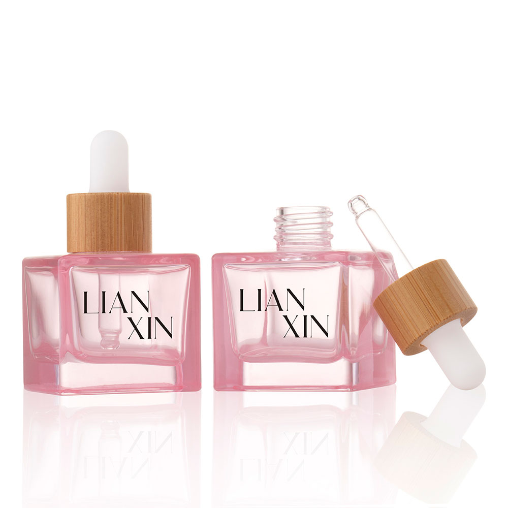 empty 30ml square glass dropper bottle with bamboo cap