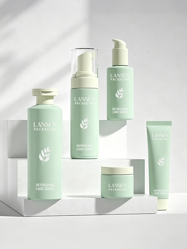 sustainable cosmetic packaging set with PCR plastic bottles, airless pump bottle, cream jar and tube
