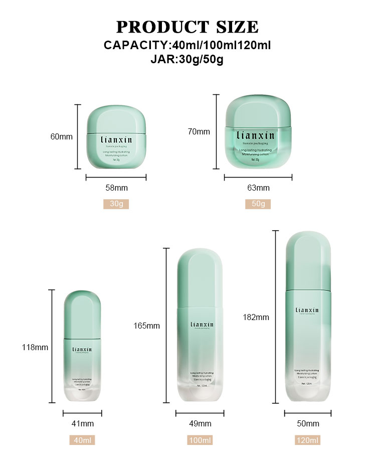 Mint green cosmetic packaging set with glass lotion bottles and cream jars size