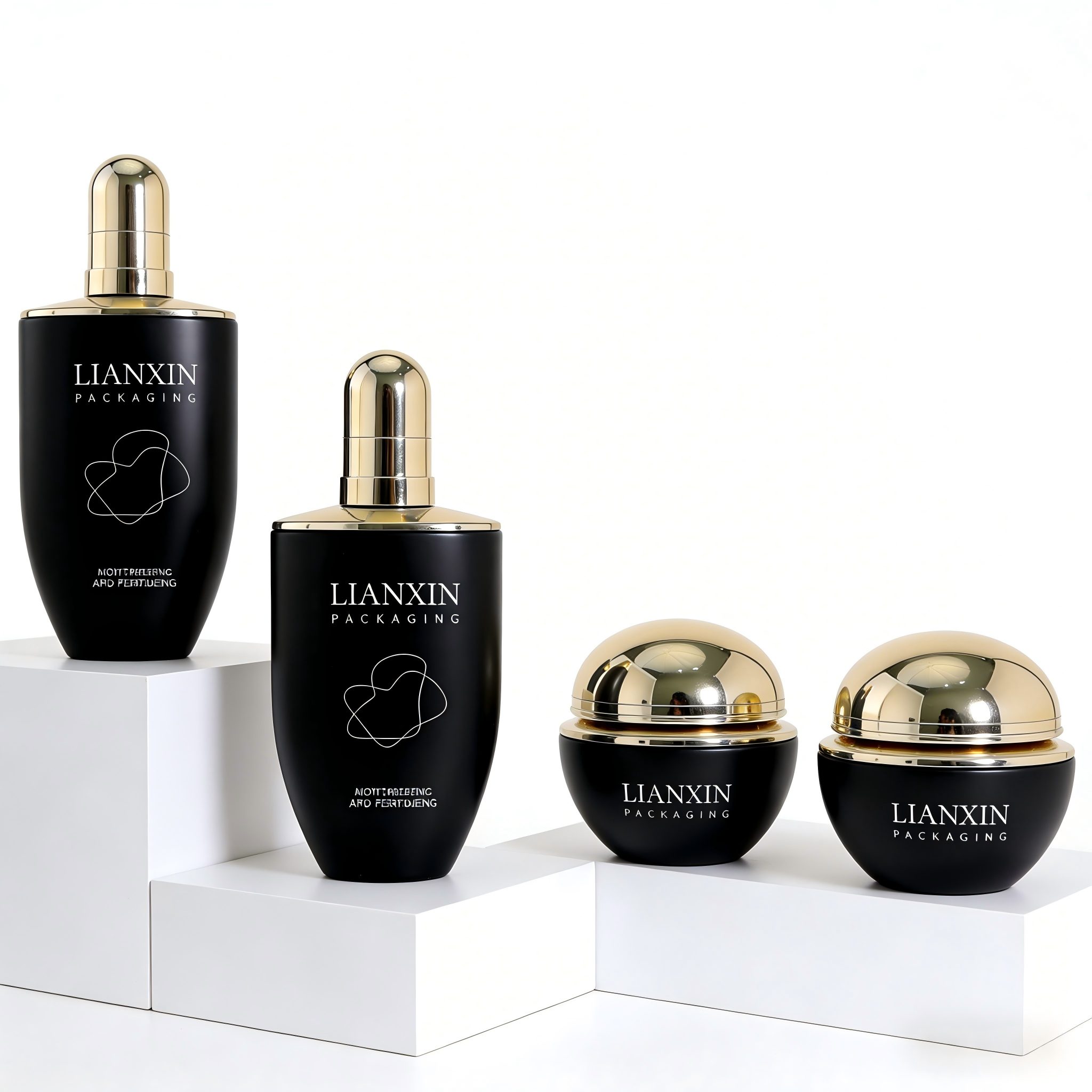 Luxury black oval glass cosmetic bottles and cream jars with gold caps for premium skincare packaging