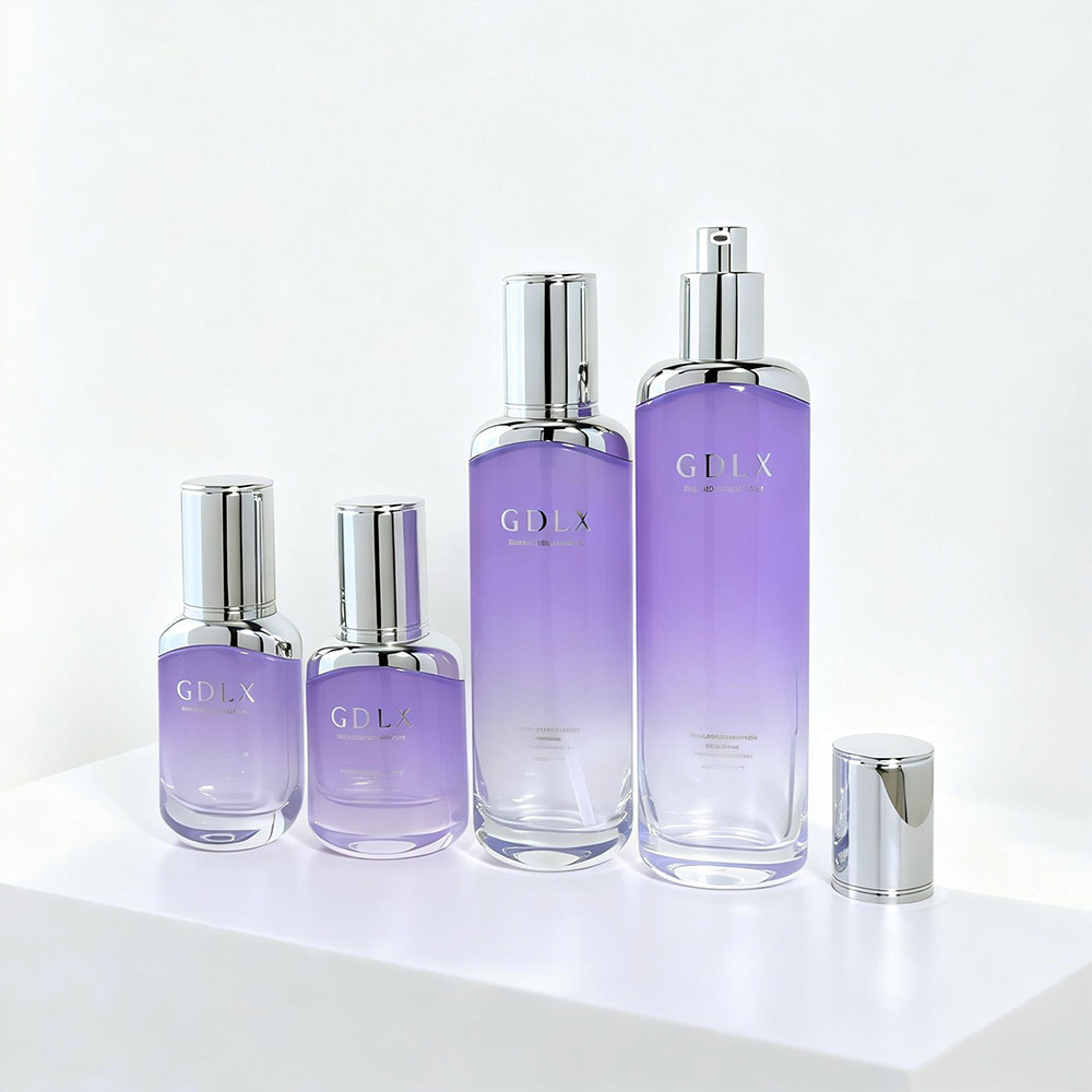 Glass square purple lotion bottle