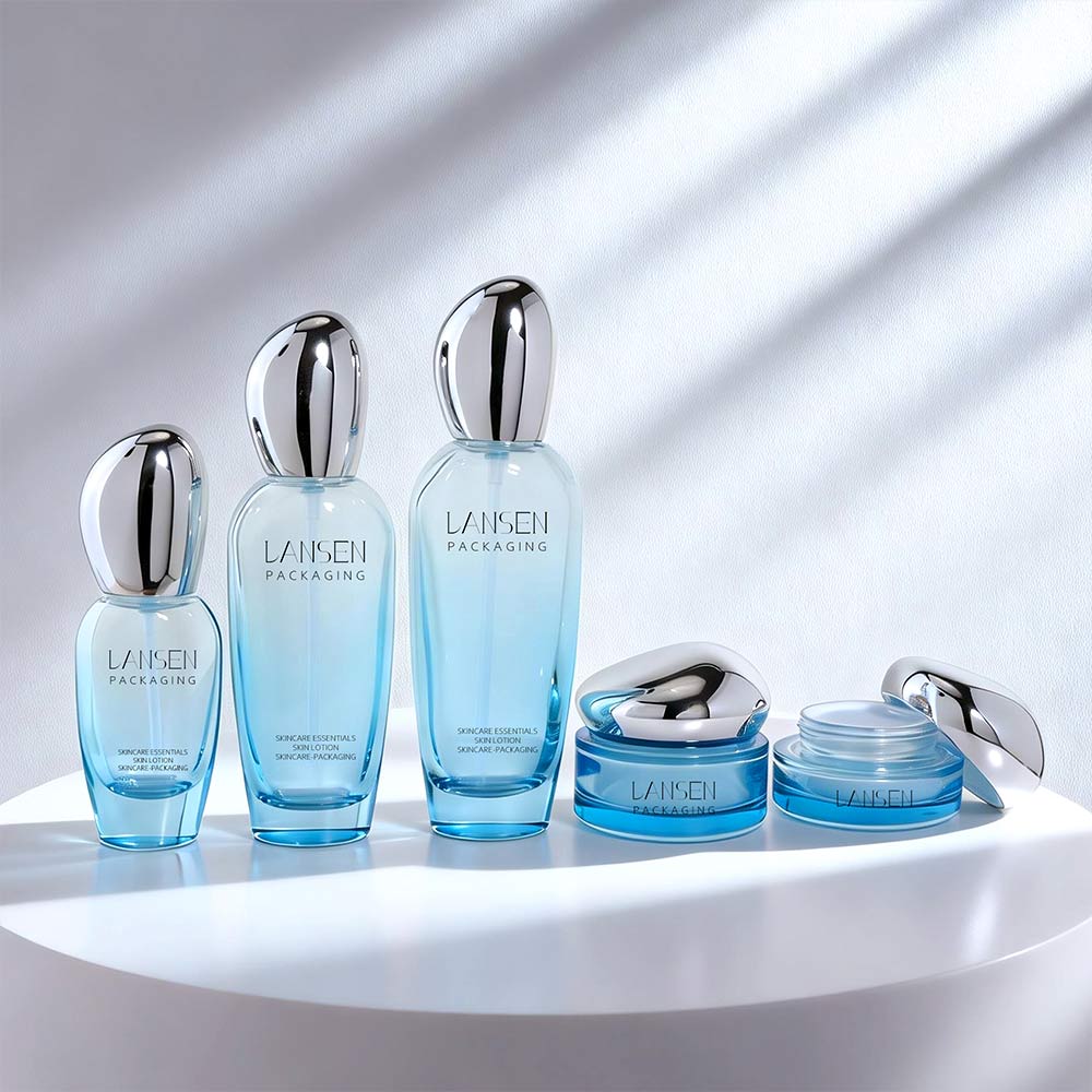 Glass skincare bottle and cream jar packaging