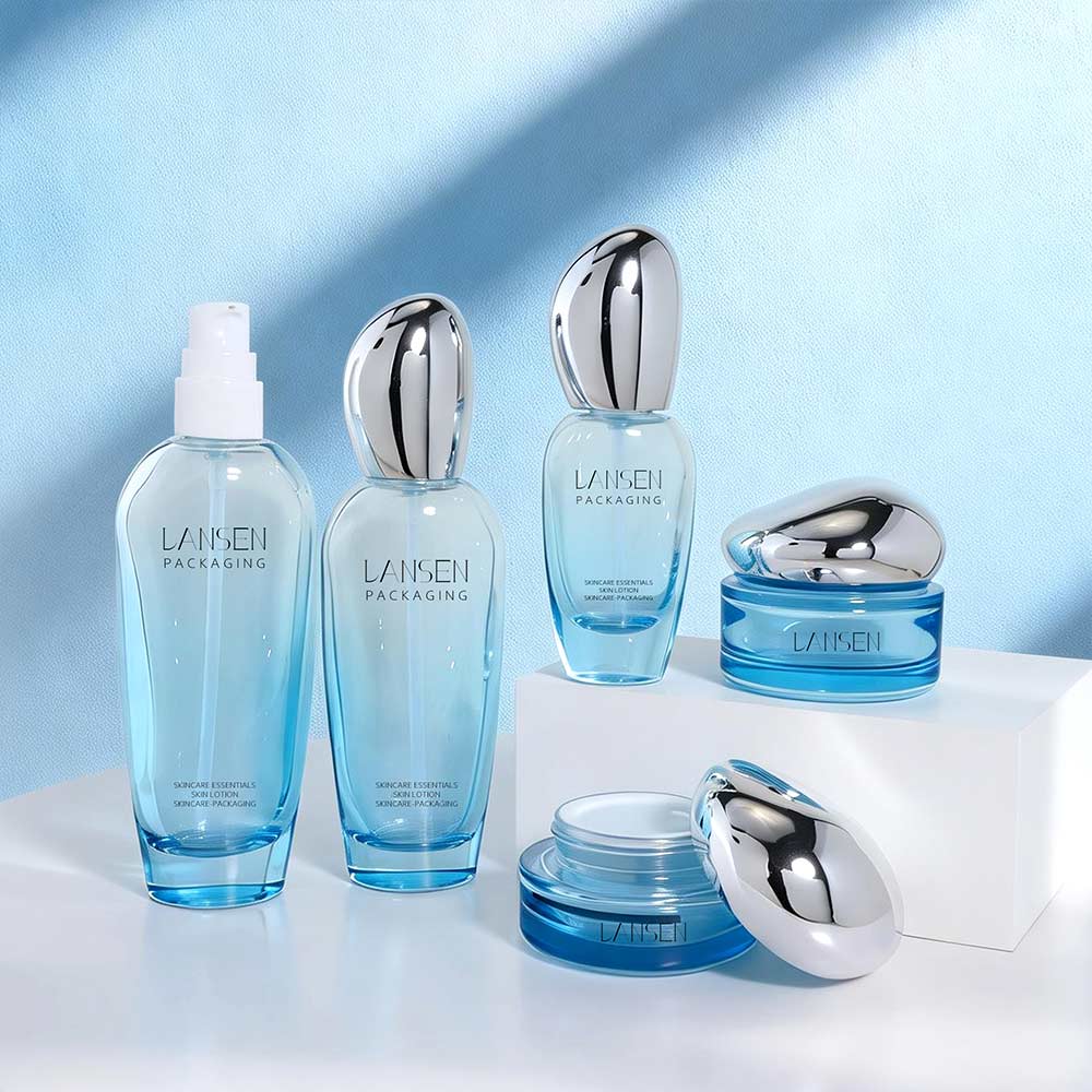 Luxury gradient blue glass cosmetic packaging set