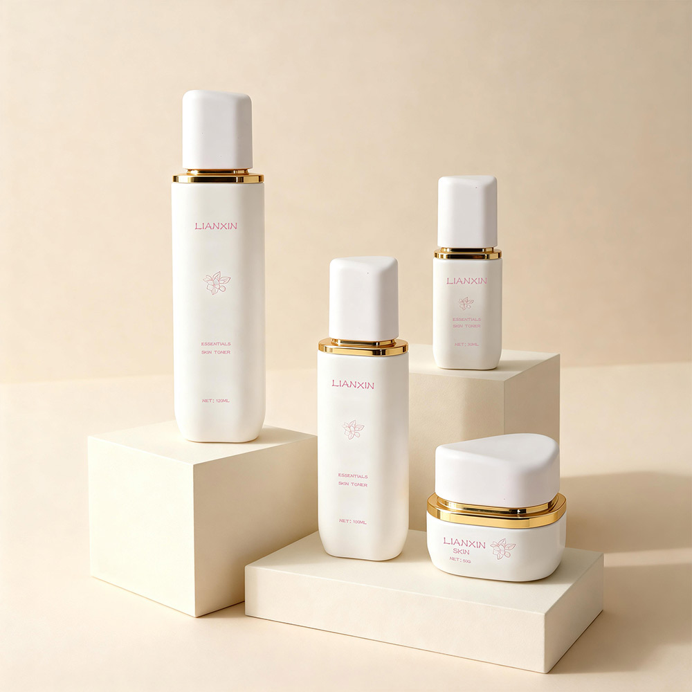 Luxury white glass skincare bottle set with 40ml 100ml 120ml cosmetic bottles and 50g cream jar