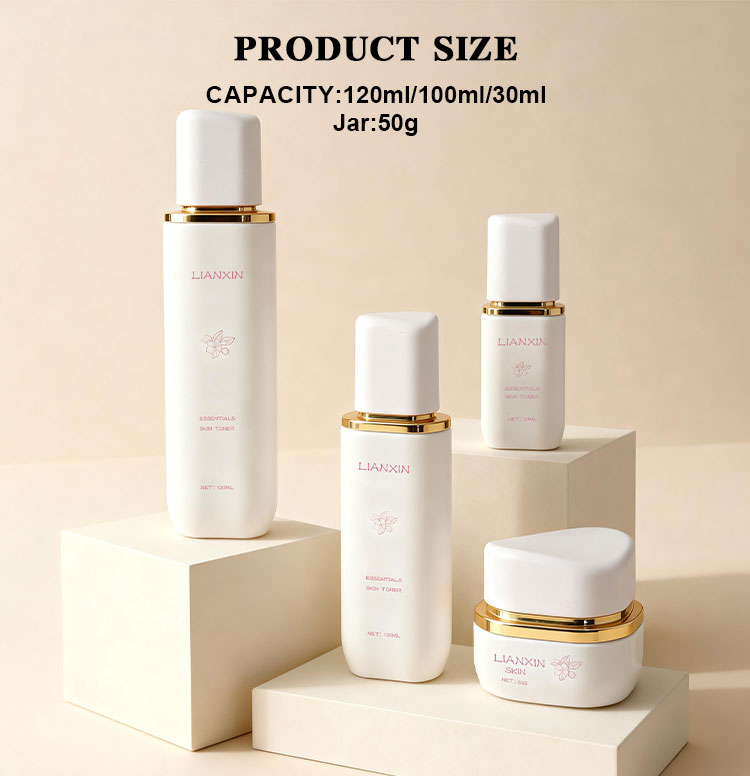 Luxury white glass skincare bottle set with 40ml 100ml 120ml cosmetic bottles and 50g cream jar size