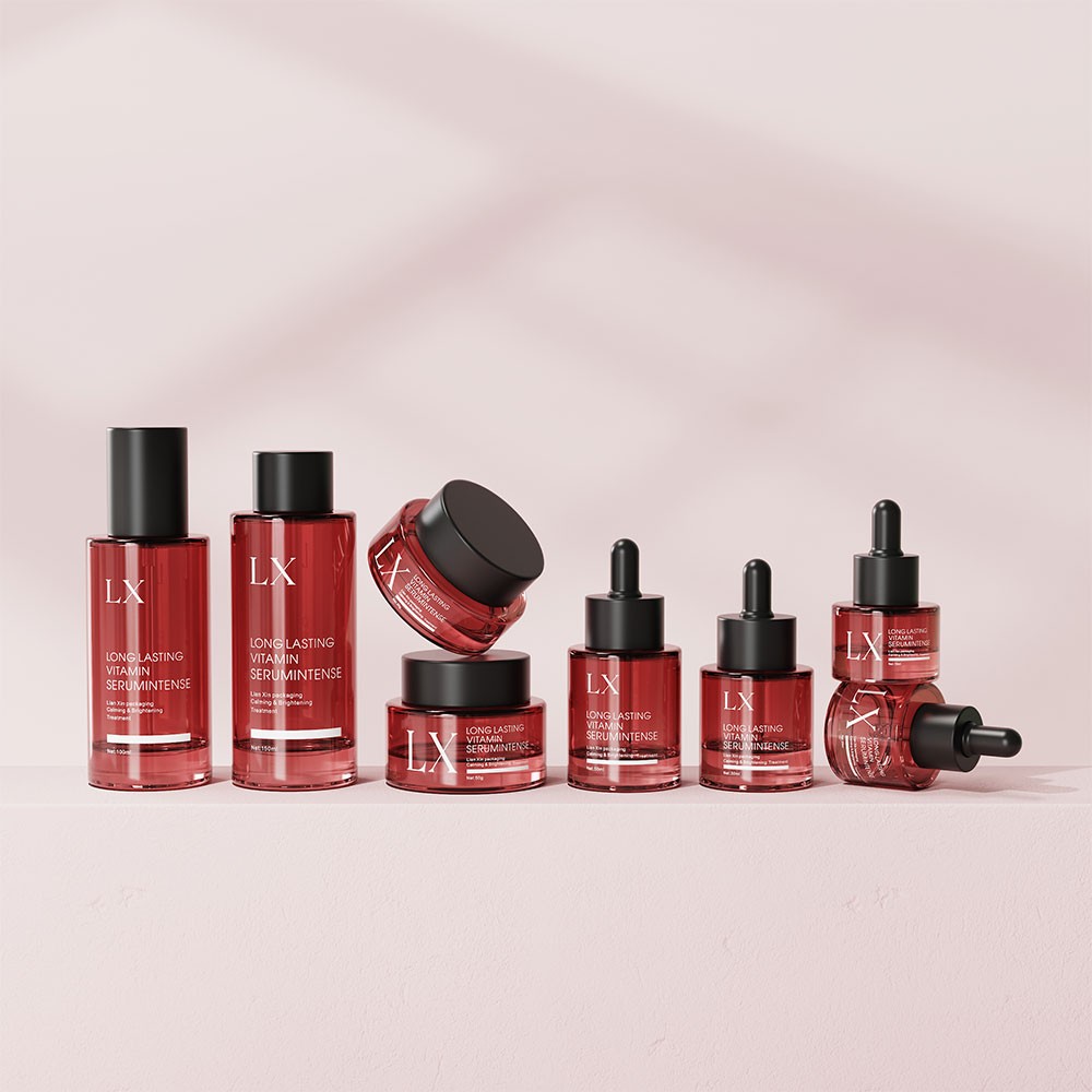 ruby red gradient glass cosmetic bottles set lotion cream jar dropper