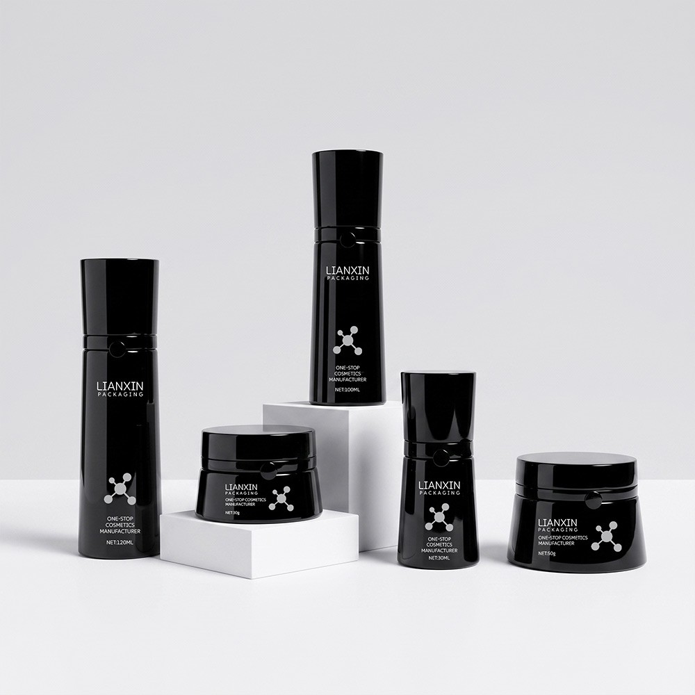 black glass lotion bottles and cream jars set piano black finish