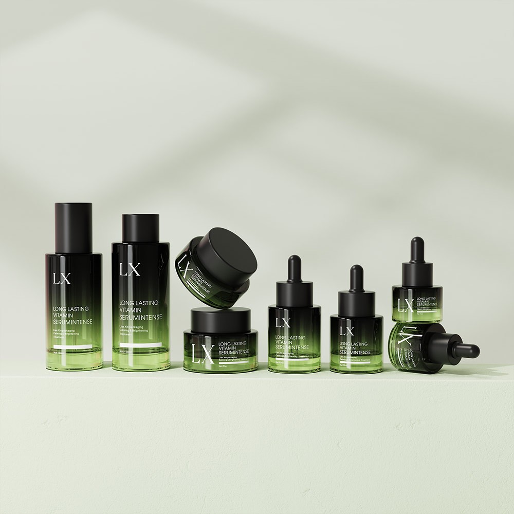 deep green gradient glass cosmetic bottles set with matte black caps