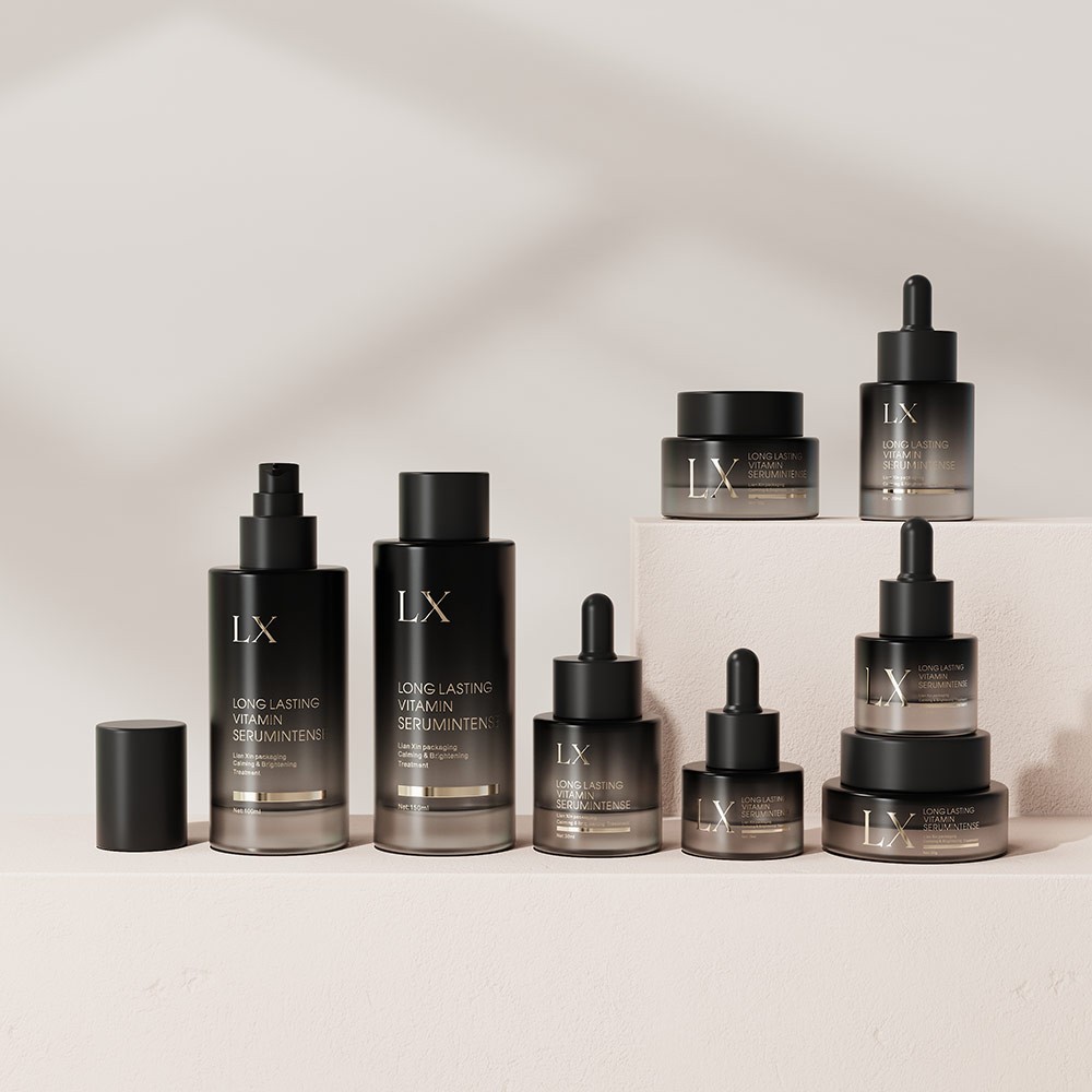black gradient glass cosmetic bottles set gold logo skincare packaging