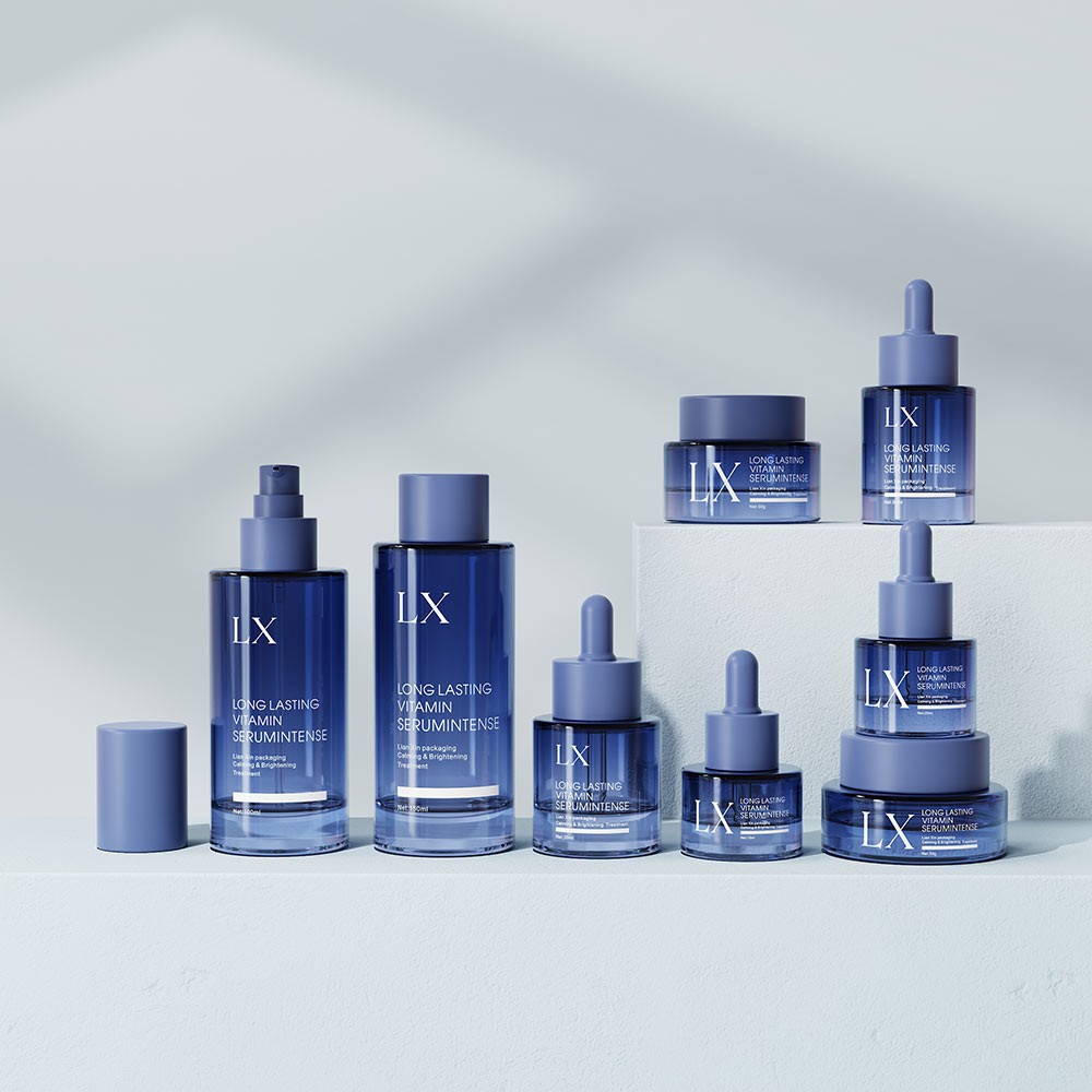cobalt blue gradient glass cosmetic bottles set with matte blue caps
