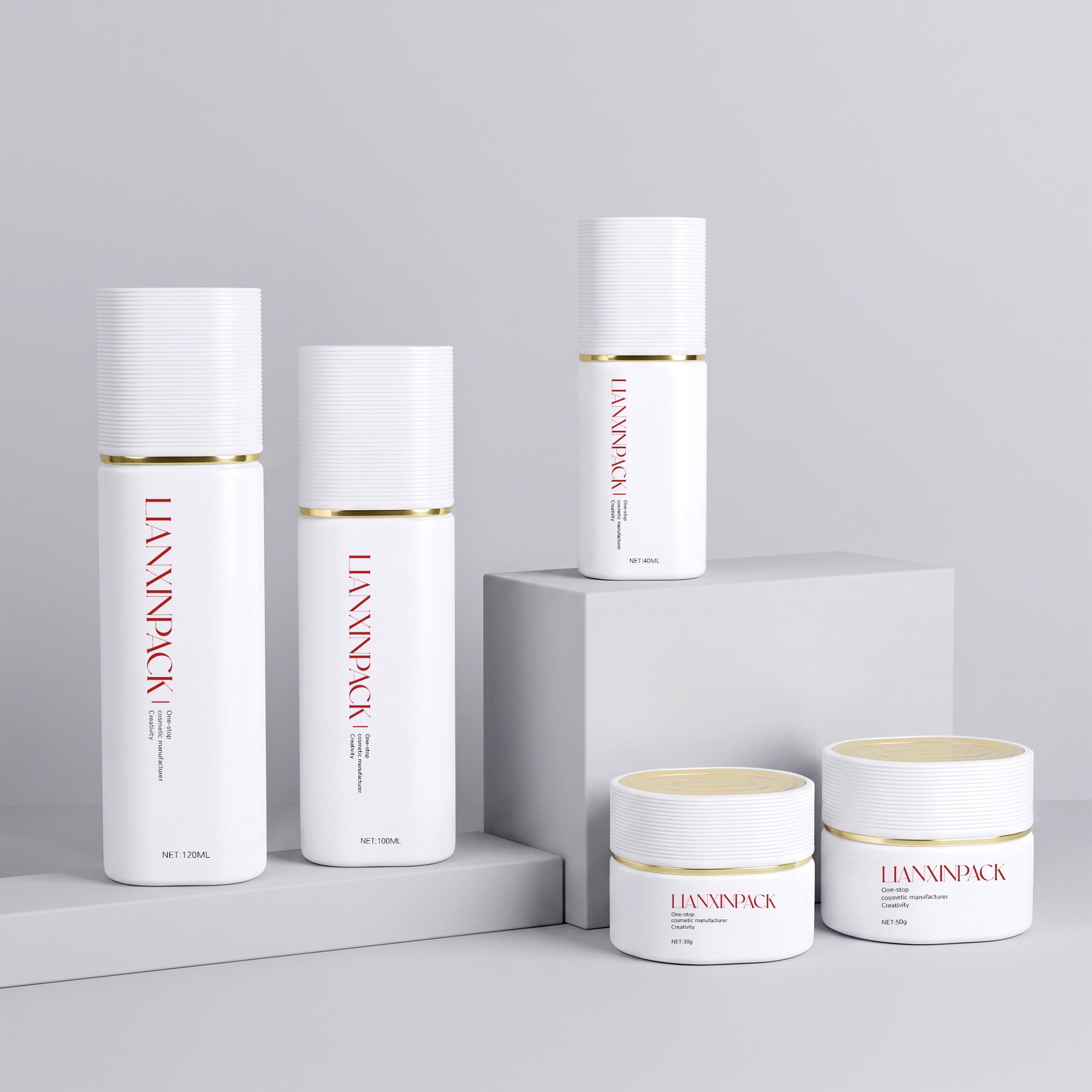 Custom white cosmetic bottle and jar packaging set