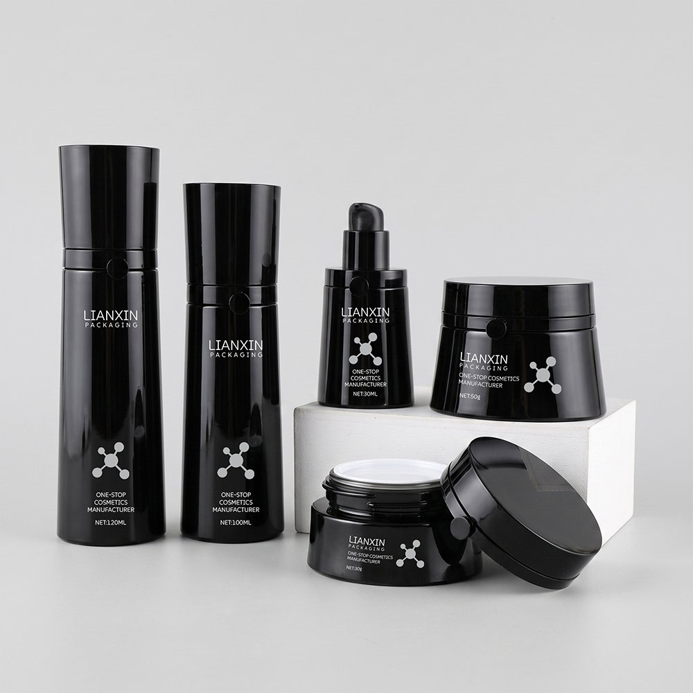 glossy black glass lotion bottle set with cream jars 30ml 100ml 120ml
