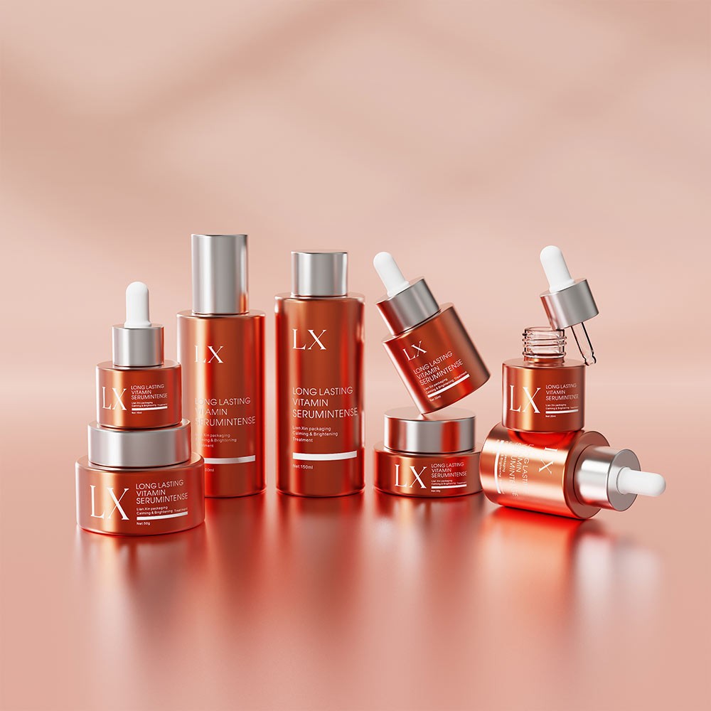 gradient glass cosmetic bottle set copper metallic finish lotion jar dropper