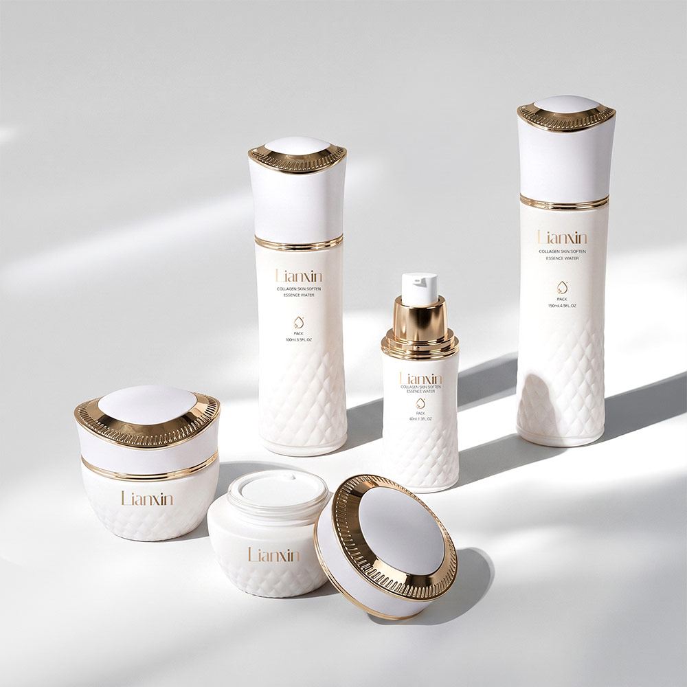 Luxury white glass cosmetic bottles and cream jars with diamond texture and gold accents
