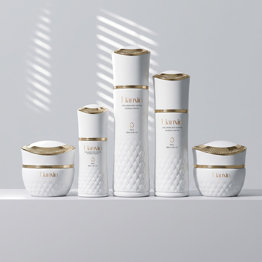 White glass skincare packaging set with 40ml 100ml 150ml bottles and 30g 50g cream jars