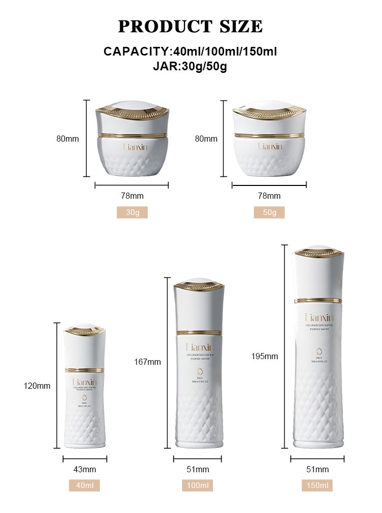 White glass cosmetic bottle set size chart for 40ml 100ml 150ml bottles and 30g 50g jars