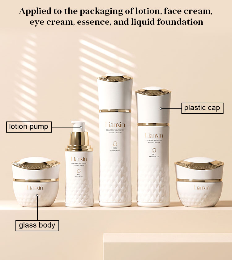 White glass cosmetic bottle set with lotion pump plastic caps and glass bodies