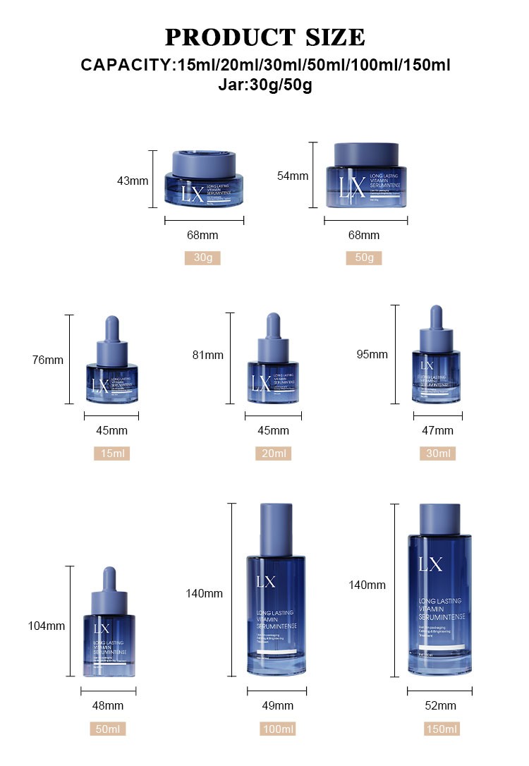 gradient glass cosmetic bottle dimensions 15ml to 150ml cream jar sizes