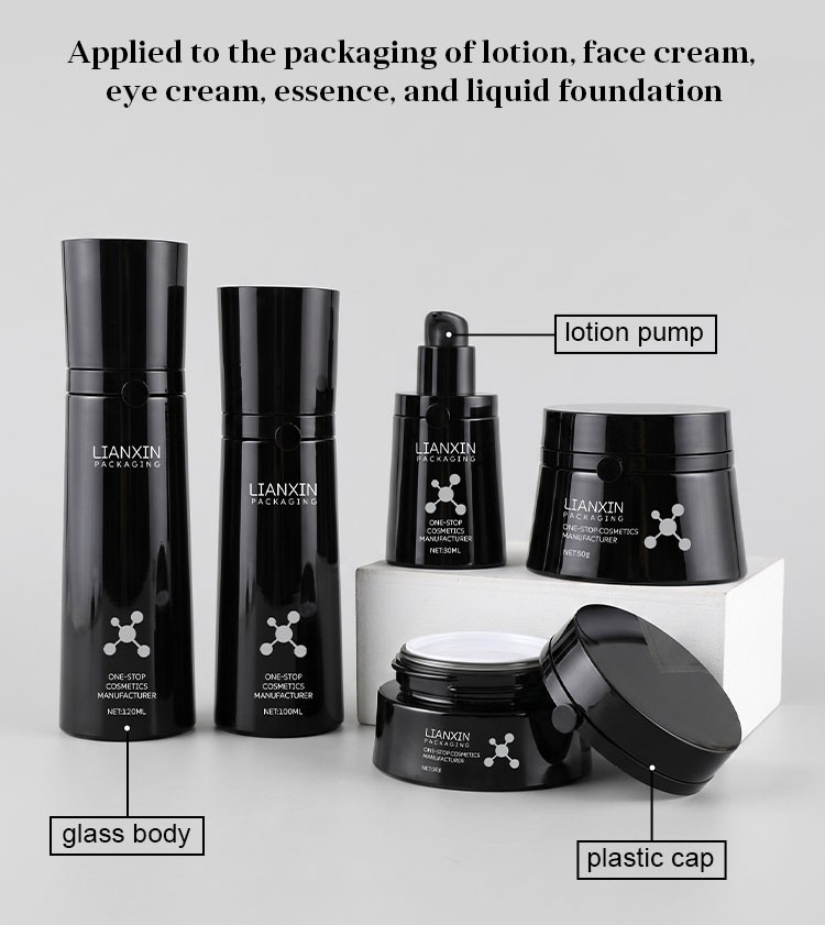 black glass lotion bottle parts glass body plastic cap lotion pump
