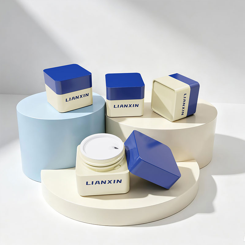 Blue and cream square plastic cosmetic jars with inner discs for skincare packaging