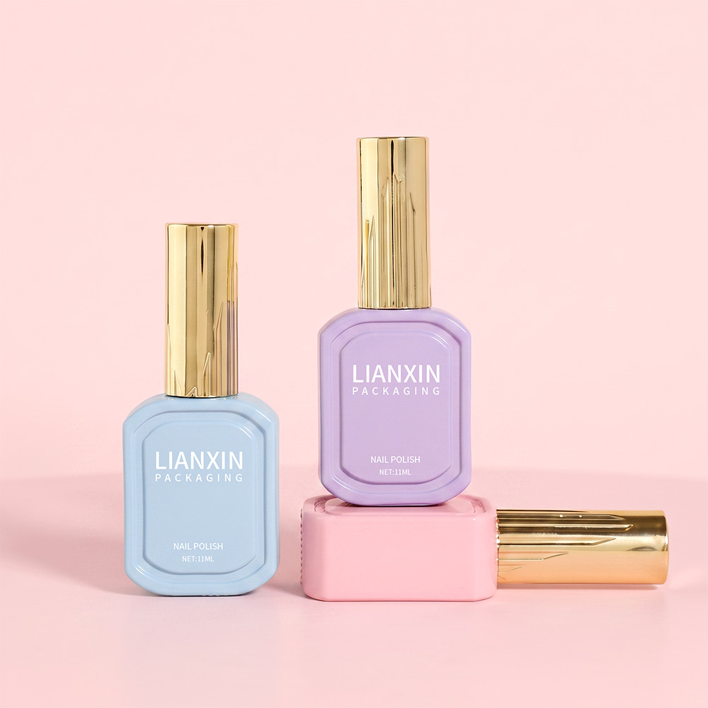 11ml Framed-Panel Glass Nail Polish Bottle with Ribbed Cap 3 Pastel blue and lilac 11ml nail polish bottles with framed glass fronts and gold caps