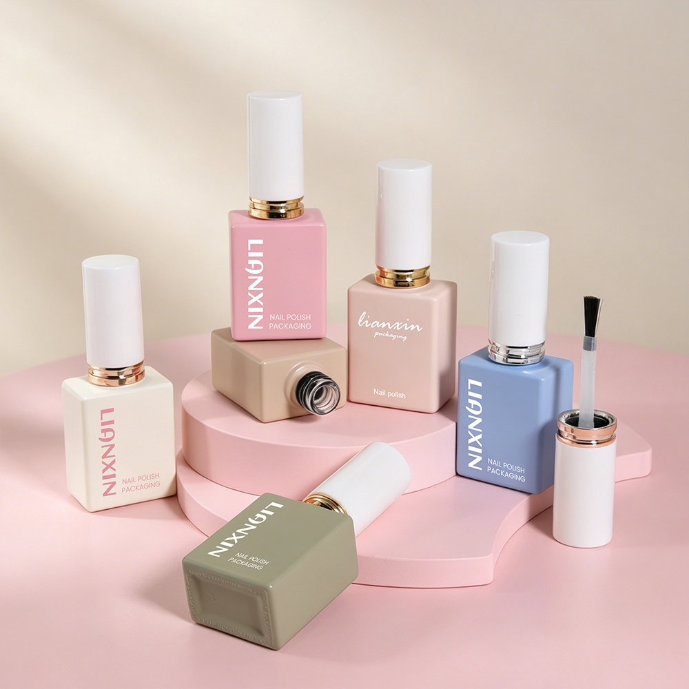 Pastel 10ml and 12ml square glass nail polish bottles with brush caps