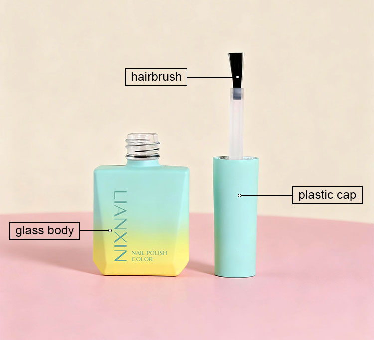 13ml square glass nail polish bottle with plastic cap and integrated brush
